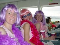 A gaggle of babes on the way to the 2002 HK Rugby Sevens (Susan - GROOVY BABE, Liz - FEISTY BABE, and Ankle - SEXY BABE)