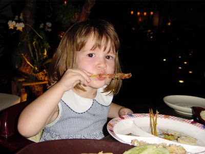 Tucking into satay at teh Four Seasons Thai Resteraunt...