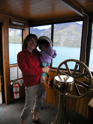 Susan and Lottie in the wheel house of the TSS Earnslaw.