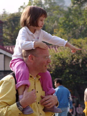 On Daddy's shoulder.
