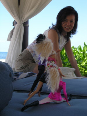 Jun with her Barbie creation.
