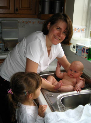 Bath time in the kitchen sink!