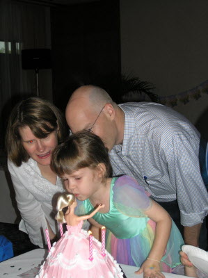 Blowing out the candles.