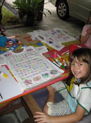 Olivia and Lottie making special T shirts for thier 100 day school day party.
