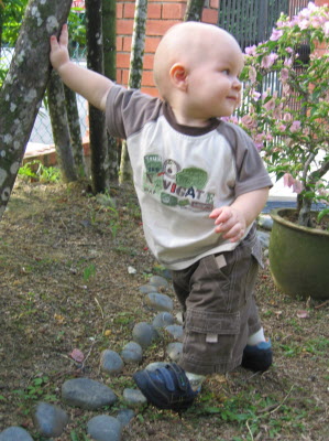 Conrad trying out his new shoes.