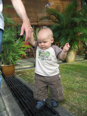 Conrad trying out his new shoes.