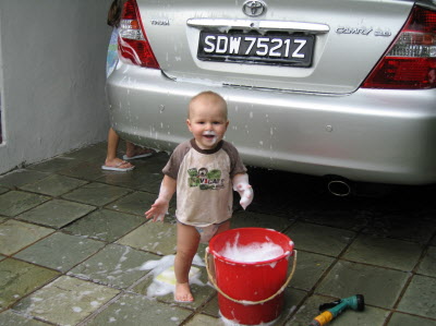 Washing the car...