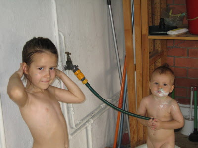 Bath time outside again.