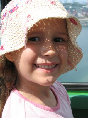 Lottie on the cable car from Sentosa.