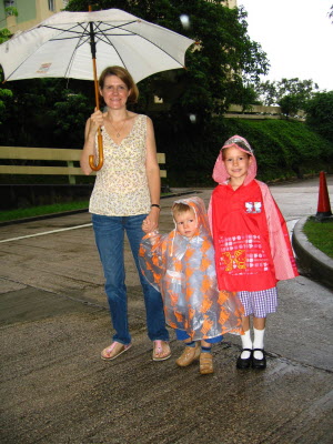 Waiting for the bus on a rainey morning.
