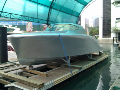 An aluminium modern day Riva being finished at the AMC boatyard.