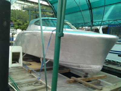 An aluminium modern day Riva being finished at the AMC boatyard